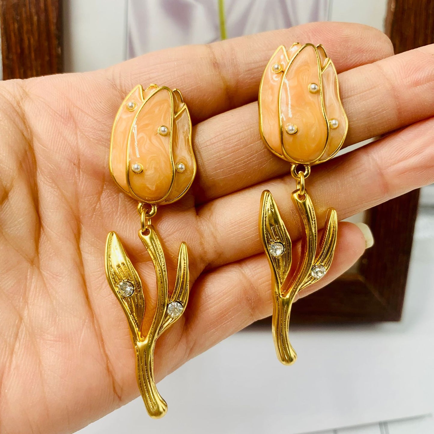 Vintage Enamel Tulip 18K Gold Plated Earring
