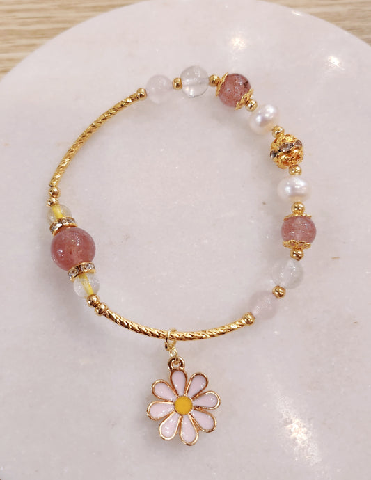 Natural Stone&Pearls Handmade Bracelet #PinkFlower