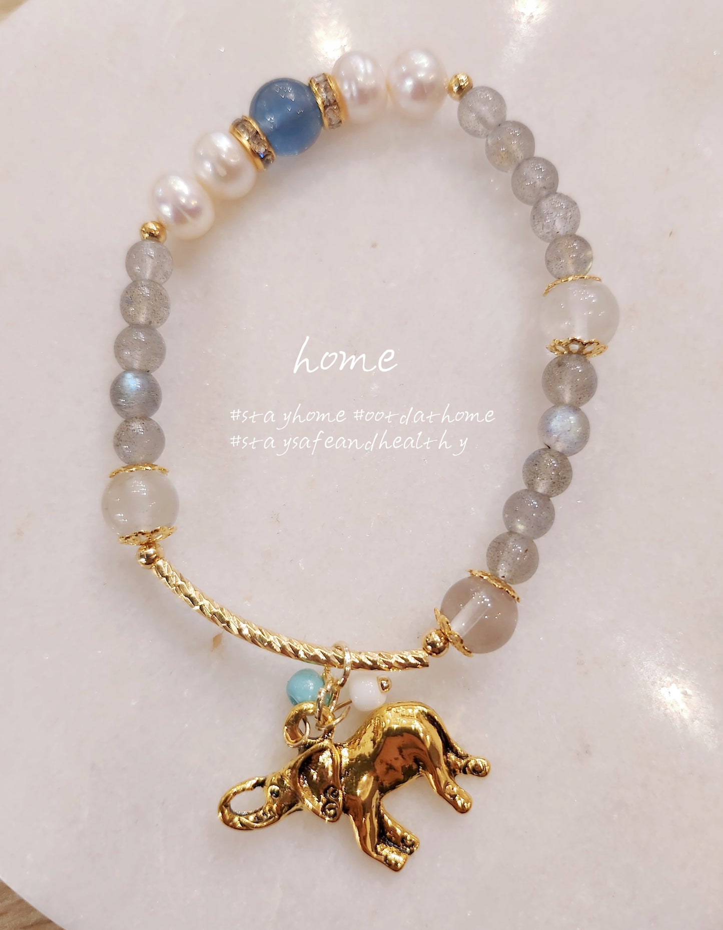 Natural Stone & Freshwater Pearls Handmade Bracelet #Elephant